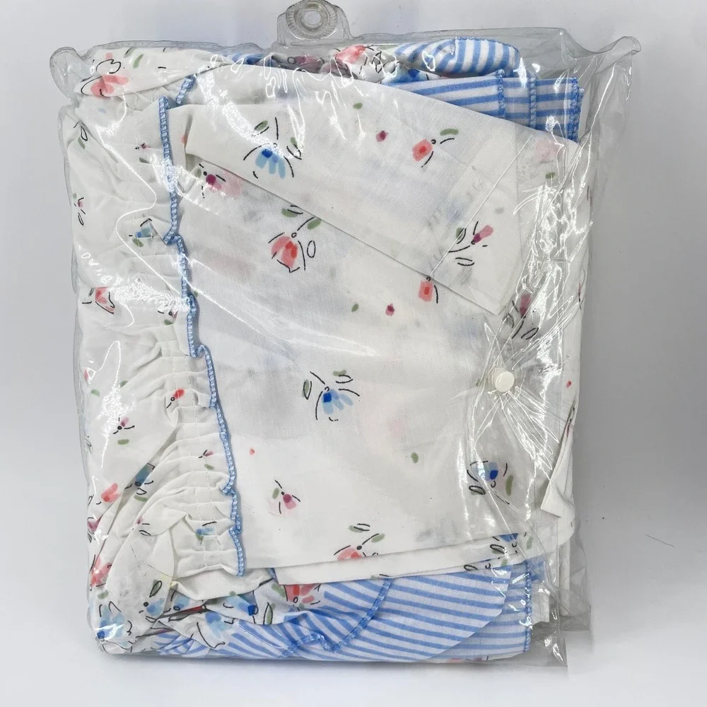 Vintage RA Briggs Floral Double Ruffle Shower Curtain Blue White Stripe 1980s